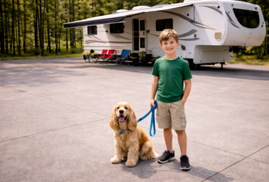 Boy walking his dog in our rv park