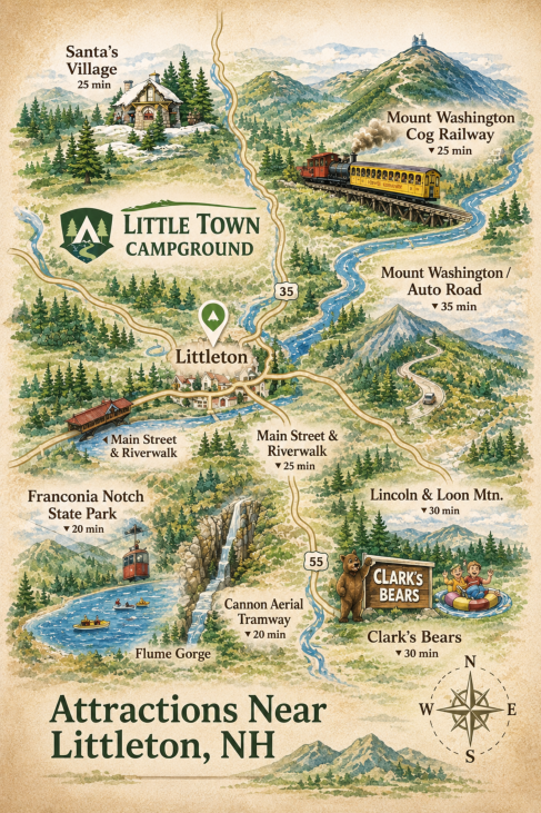 Map of the area and attractions around Little Town Campground
